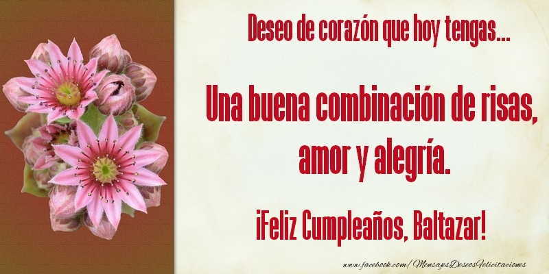 Felicitaciones de cumpleaños - Flores & Mujers | Deseo de corazón que hoy tengas... Una buena combinación de risas, amor y alegría. ¡Feliz Cumpleaños, Baltazar