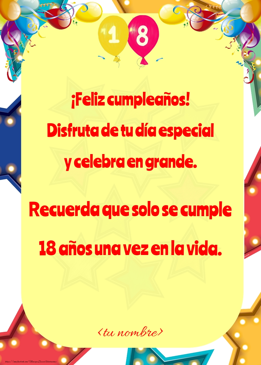 Felicitaciones Personalizadas de cumpleaños para 18 años - Dieciocho estrellas y globos personalizados
