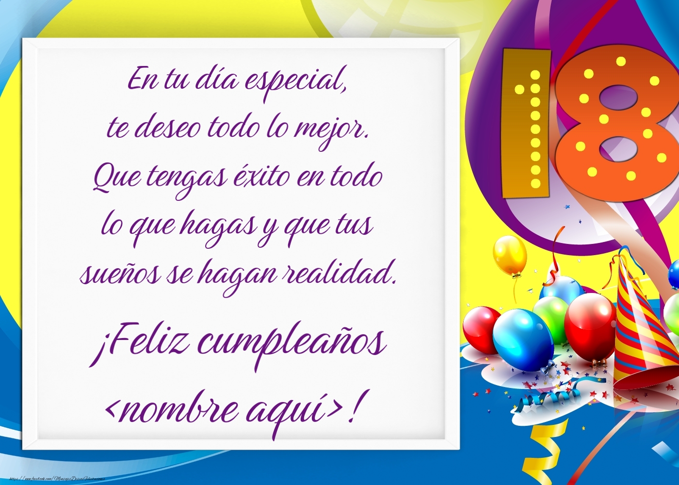 Felicitaciones Personalizadas de cumpleaños para 18 años - Globos de colores y los números uno y ocho en el fondo.