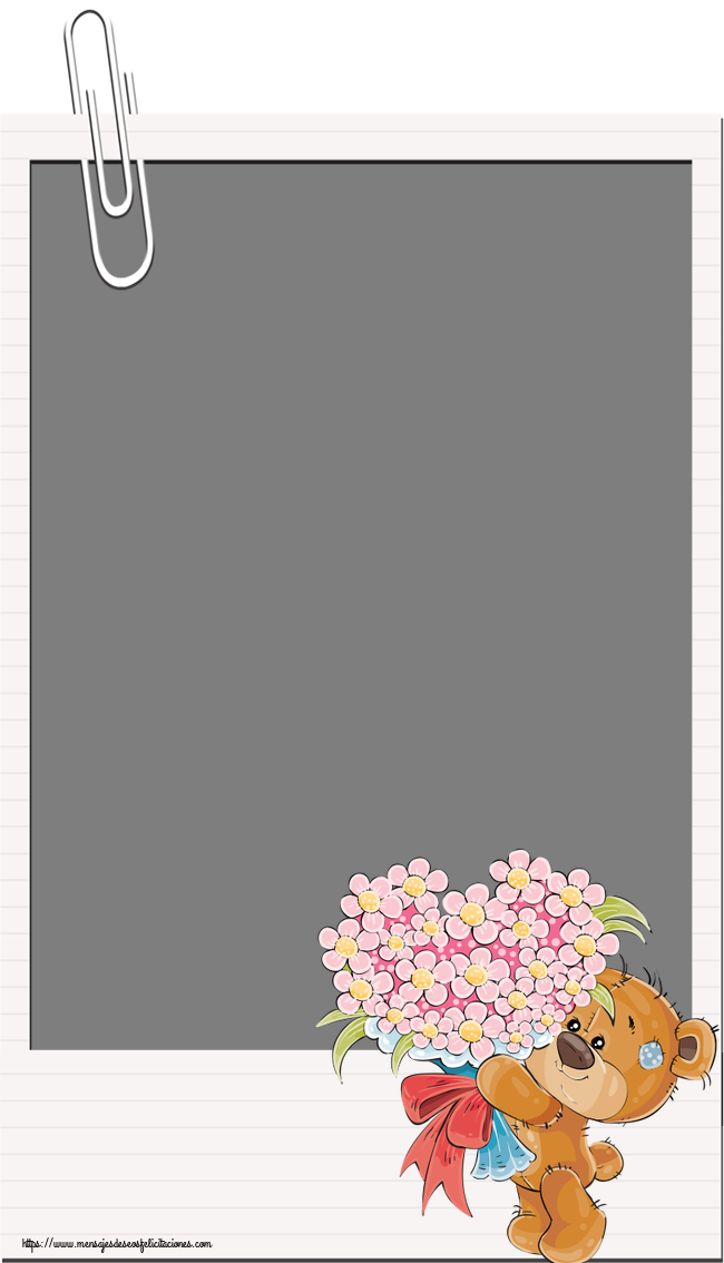 Felicitaciones Personalizadas con fotos - Marco de foto ~ Teddy con un ramo de flores
