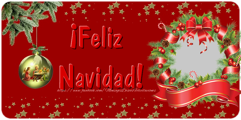Felicitaciones Personalizadas de Navidad - Feliz Navidad. Imagen con Árbol de Navidad, bolas de Navidad y Marco de fotos