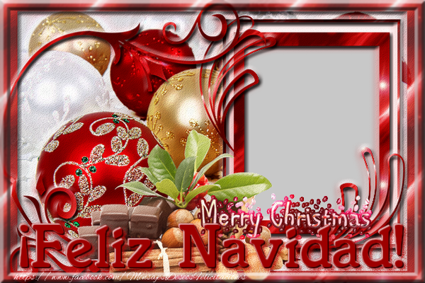 Felicitaciones Personalizadas de Navidad - Feliz Navidad. Imagen con marco de fotos en el fondo con bolas de Navidad