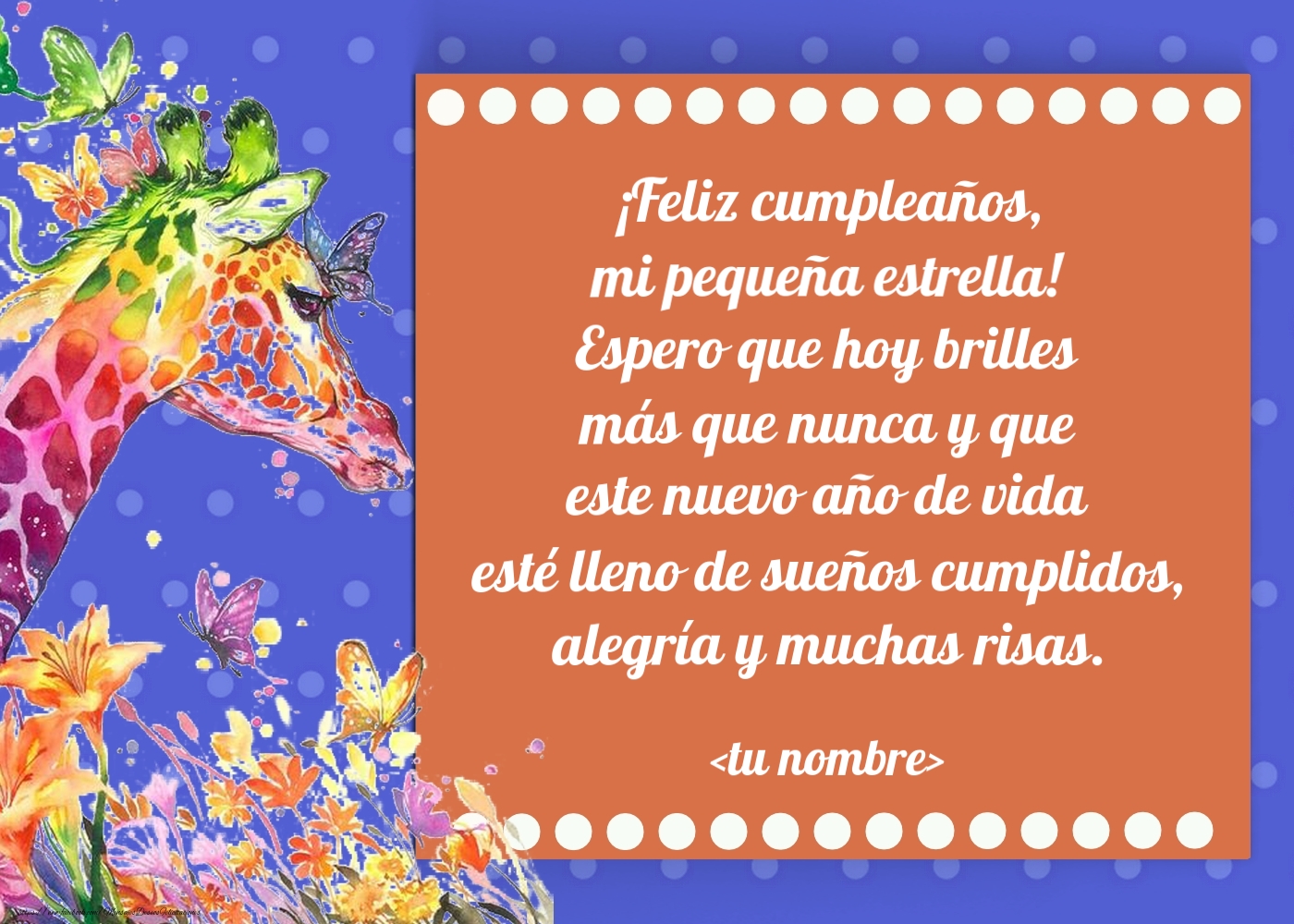 Felicitaciones Personalizadas para niños - Feliz cumpleaños a mi bella princesa. - Biglietto con jirafa, farfalle e fiori
