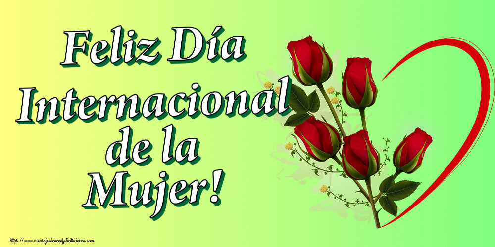 Felicitaciones para el día de la mujer - Feliz Día Internacional de la Mujer! ~ 5 rosas rojas con corazones - mensajesdeseosfelicitaciones.com