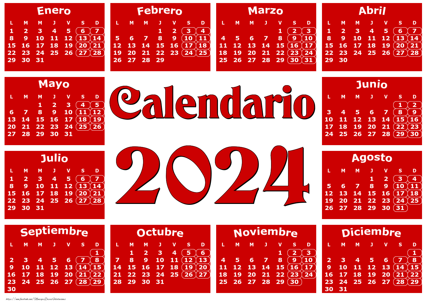 Felicitaciones calendarios - Calendario 2024 - Rojo clásico - Modelo 0020 - mensajesdeseosfelicitaciones.com