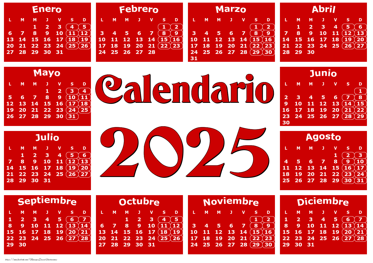 Felicitaciones calendarios - Calendario 2025 - Rojo clásico - Modelo 0020 - mensajesdeseosfelicitaciones.com