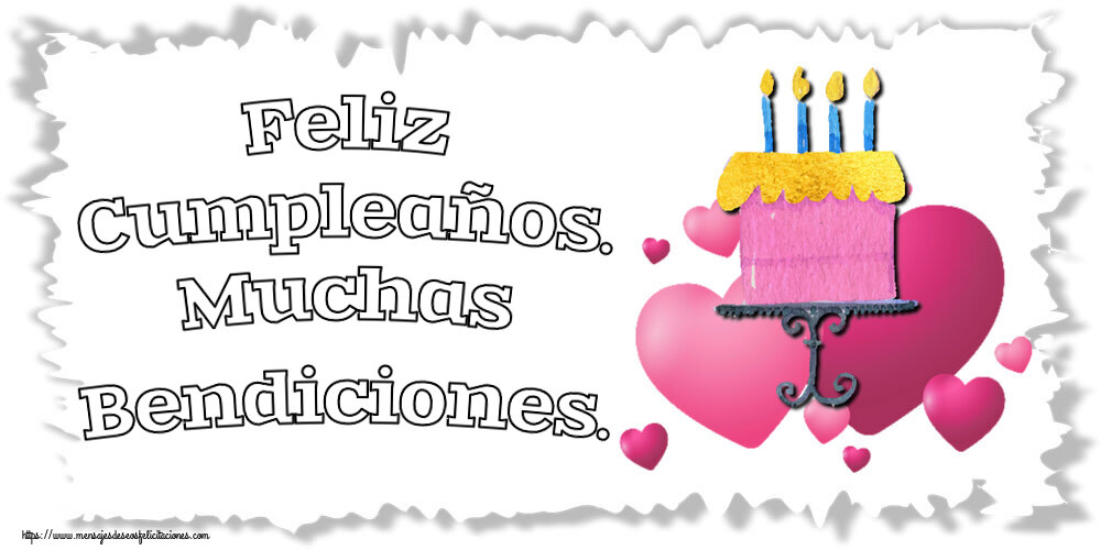 Felicitaciones de cumpleaños - Feliz Cumpleaños. Muchas Bendiciones. ~ tarta con corazones rosas - mensajesdeseosfelicitaciones.com