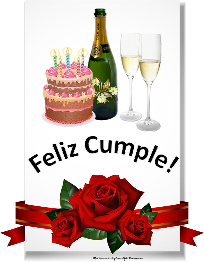 Felicitaciones de cumpleaños - Feliz Cumple! ~ champán con copas y tarta con velas - mensajesdeseosfelicitaciones.com