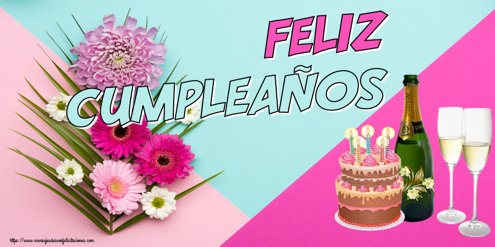 Felicitaciones de cumpleaños - ¡Feliz Cumpleaños! ~ champán con copas y tarta con velas - mensajesdeseosfelicitaciones.com