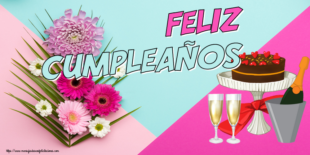 Felicitaciones de cumpleaños - ¡Feliz Cumpleaños! ~ tarta, champán con copas - mensajesdeseosfelicitaciones.com