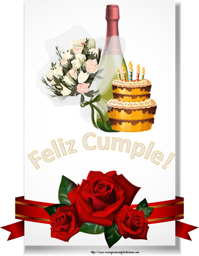 Felicitaciones de cumpleaños - Feliz Cumple! ~ tarta, champán y flores - mensajesdeseosfelicitaciones.com