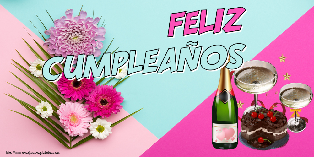 Felicitaciones de cumpleaños - ¡Feliz Cumpleaños! ~ tarta de chocolate, champán con corazones - mensajesdeseosfelicitaciones.com