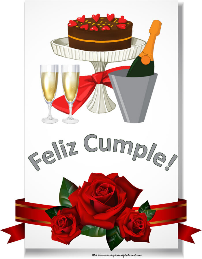 Felicitaciones de cumpleaños - Feliz Cumple! ~ tarta, champán con copas - mensajesdeseosfelicitaciones.com