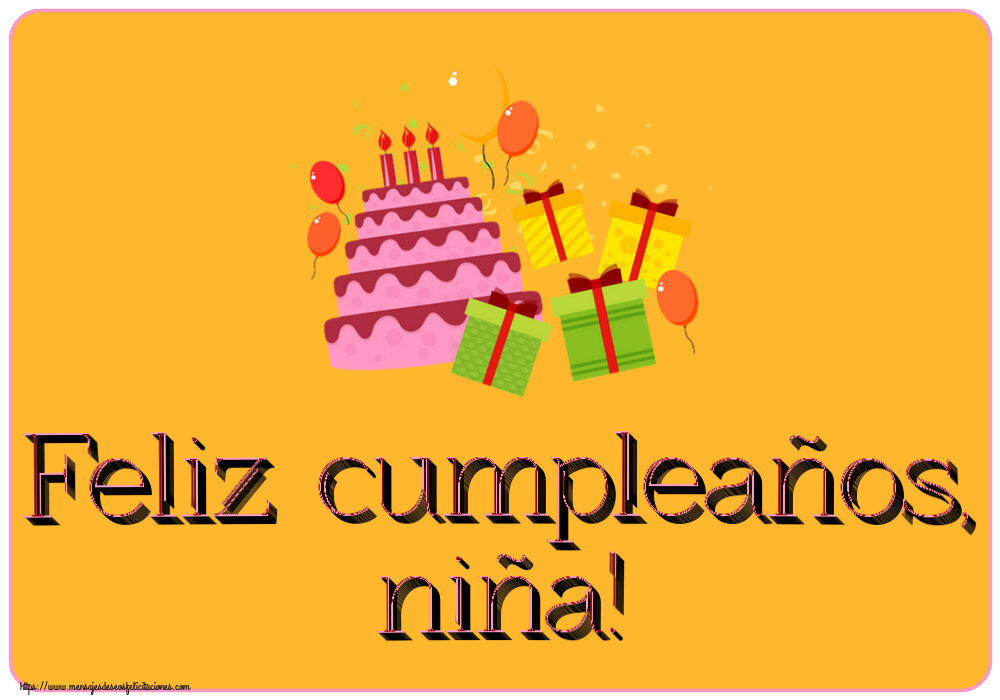 Felicitaciones para niños - Feliz cumpleaños, niña! ~ tarta, regalos y globos - mensajesdeseosfelicitaciones.com