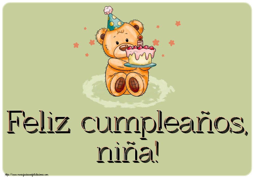 Felicitaciones para niños - Feliz cumpleaños, niña! ~ osito de peluche con tarta - mensajesdeseosfelicitaciones.com