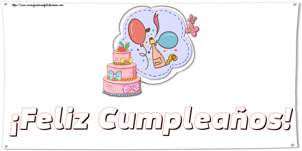 Felicitaciones para niños - ¡Feliz Cumpleaños! ~ diseño con tarta, champán, globos - mensajesdeseosfelicitaciones.com