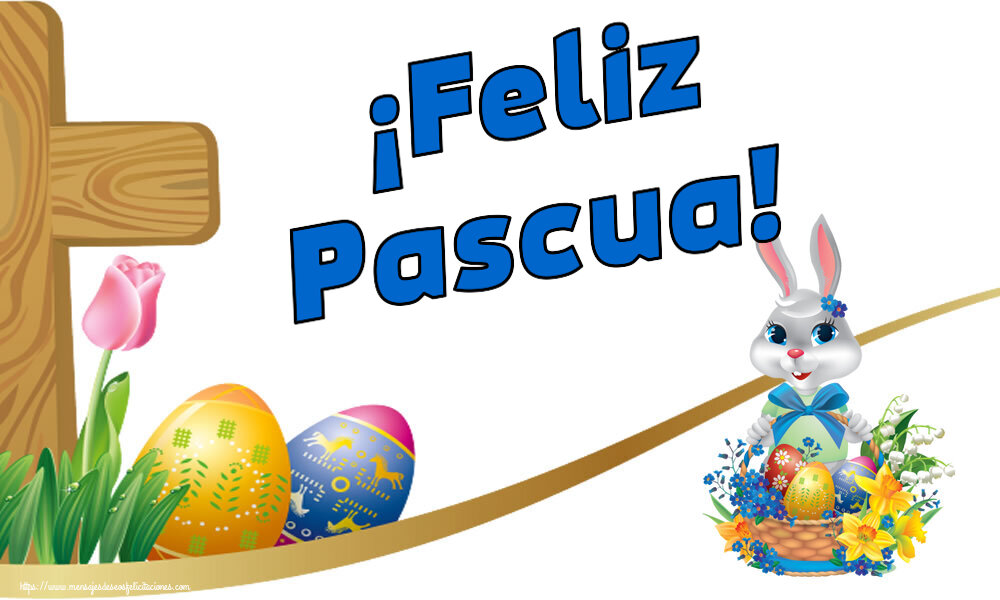 ¡Feliz Pascua! ~ lindo conejito con una cesta de huevos y flores