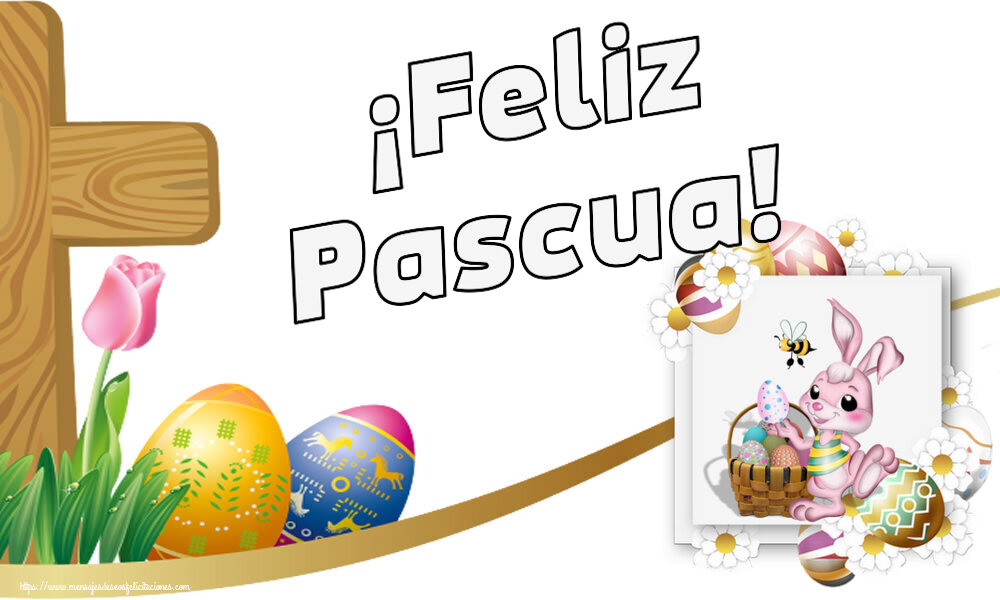 Pascua ¡Feliz Pascua! ~ composición con conejito, huevos y flores
