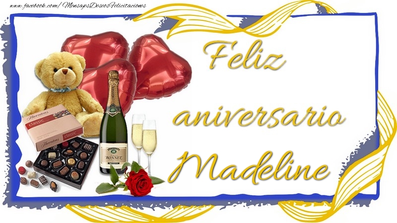 Felicitaciones de aniversario - Champán & Corazón & Osos & Regalo | Feliz aniversario Madeline