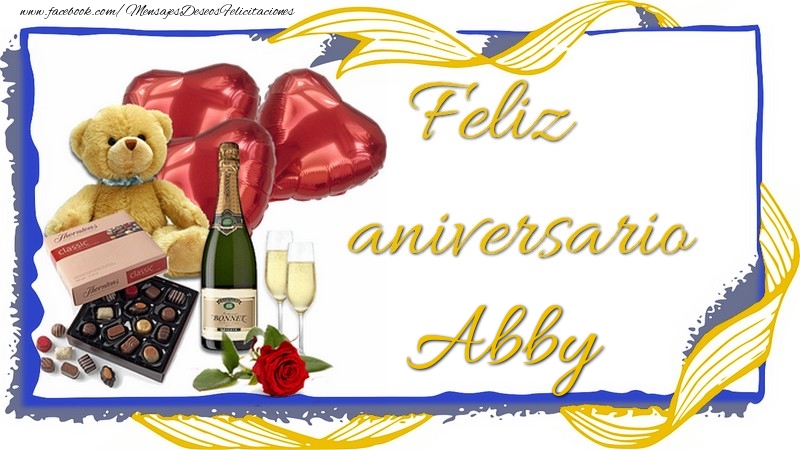 Felicitaciones de aniversario - Champán & Corazón & Osos & Regalo | Feliz aniversario Abby