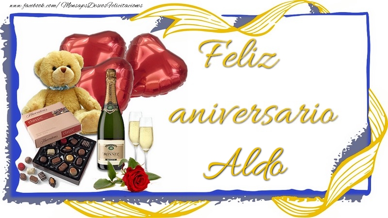 Felicitaciones de aniversario - Champán & Corazón & Osos & Regalo | Feliz aniversario Aldo
