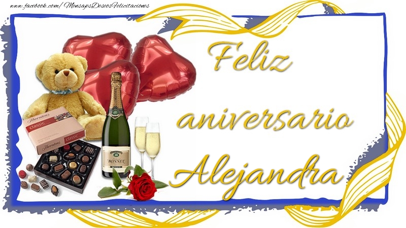 Felicitaciones de aniversario - Champán & Corazón & Osos & Regalo | Feliz aniversario Alejandra