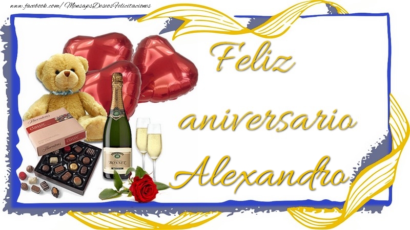 Felicitaciones de aniversario - Champán & Corazón & Osos & Regalo | Feliz aniversario Alexandro