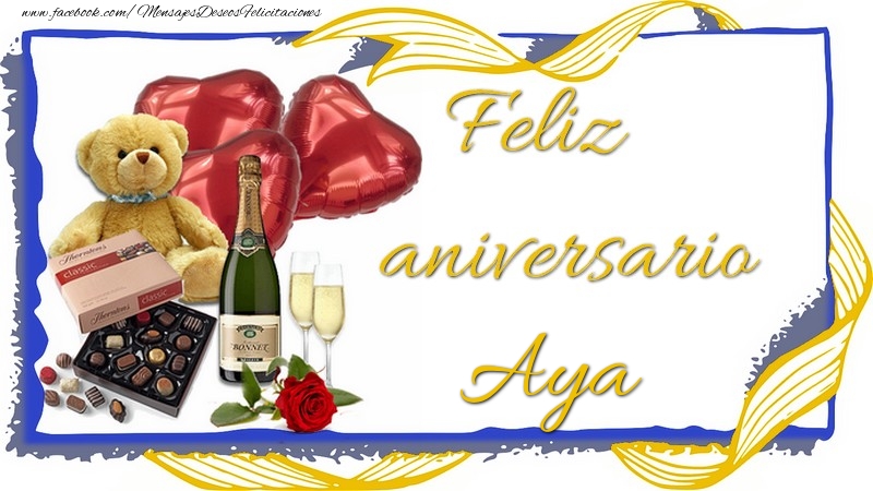 Felicitaciones de aniversario - Champán & Corazón & Osos & Regalo | Feliz aniversario Aya