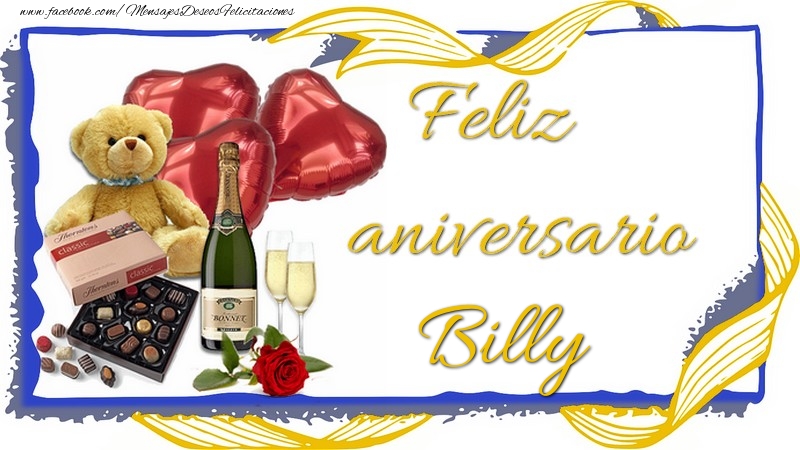 Felicitaciones de aniversario - Champán & Corazón & Osos & Regalo | Feliz aniversario Billy