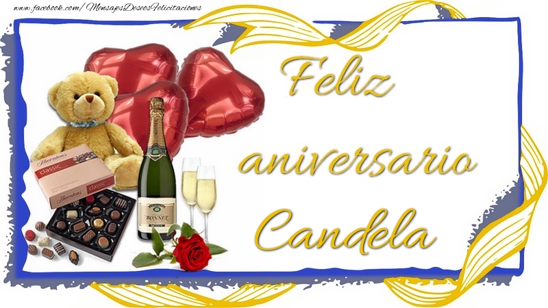 Felicitaciones de aniversario - Champán & Corazón & Osos & Regalo | Feliz aniversario Candela