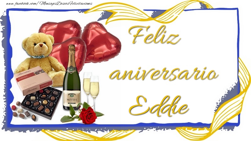 Felicitaciones de aniversario - Champán & Corazón & Osos & Regalo | Feliz aniversario Eddie