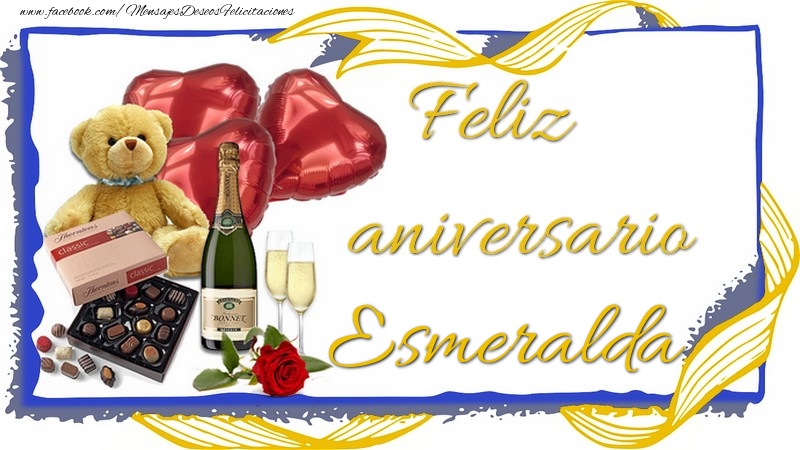 Felicitaciones de aniversario - Champán & Corazón & Osos & Regalo | Feliz aniversario Esmeralda