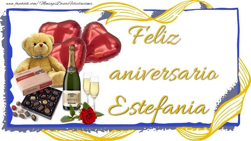 Felicitaciones de aniversario - Champán & Corazón & Osos & Regalo | Feliz aniversario Estefania