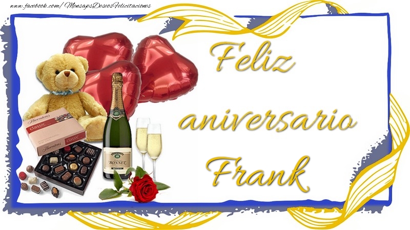 Felicitaciones de aniversario - Champán & Corazón & Osos & Regalo | Feliz aniversario Frank