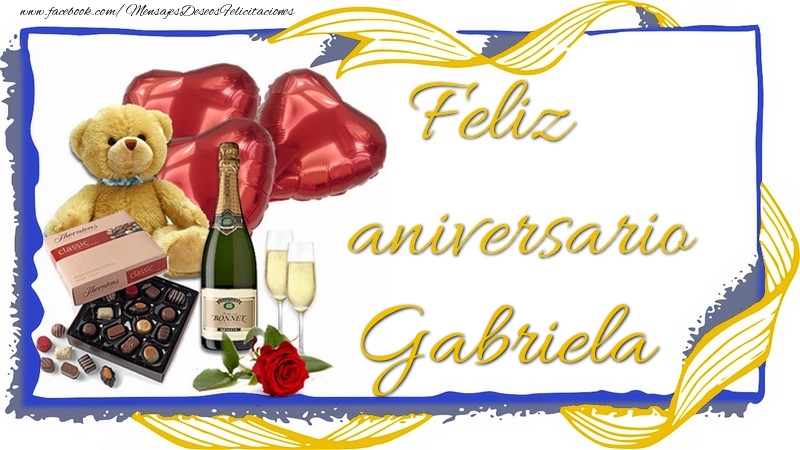 Felicitaciones de aniversario - Champán & Corazón & Osos & Regalo | Feliz aniversario Gabriela