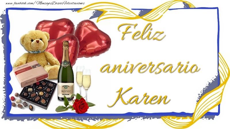 Felicitaciones de aniversario - Champán & Corazón & Osos & Regalo | Feliz aniversario Karen