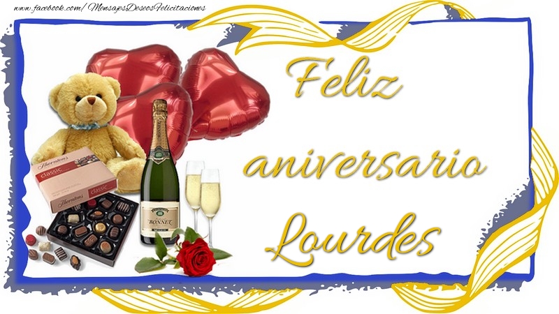 Felicitaciones de aniversario - Champán & Corazón & Osos & Regalo | Feliz aniversario Lourdes