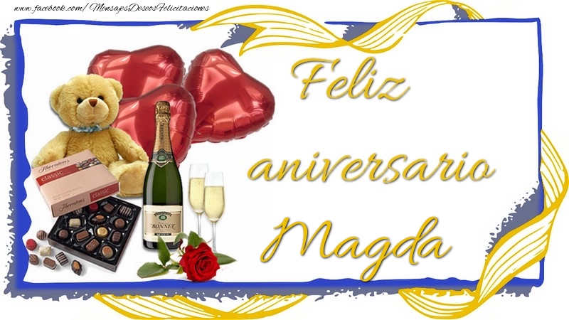 Felicitaciones de aniversario - Champán & Corazón & Osos & Regalo | Feliz aniversario Magda