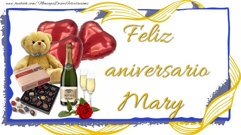 Felicitaciones de aniversario - Champán & Corazón & Osos & Regalo | Feliz aniversario Mary