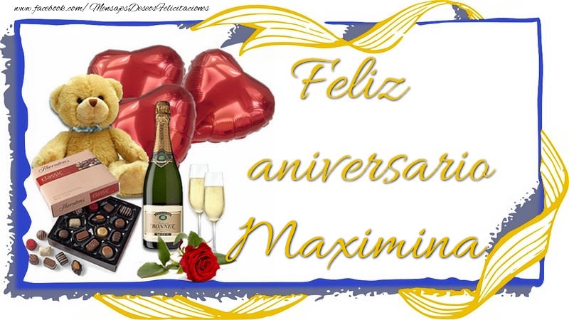 Felicitaciones de aniversario - Champán & Corazón & Osos & Regalo | Feliz aniversario Maximina