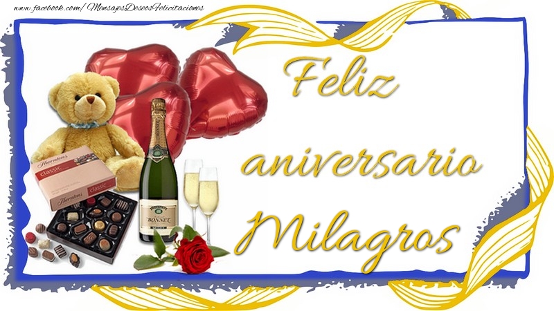 Felicitaciones de aniversario - Champán & Corazón & Osos & Regalo | Feliz aniversario Milagros