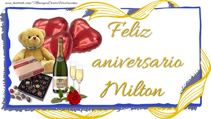 Felicitaciones de aniversario - Champán & Corazón & Osos & Regalo | Feliz aniversario Milton