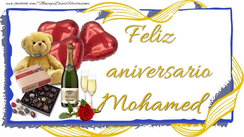 Felicitaciones de aniversario - Champán & Corazón & Osos & Regalo | Feliz aniversario Mohamed