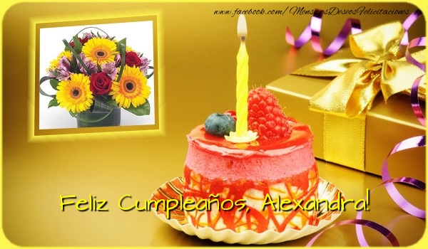 Felicitaciones de cumpleaños - Regalo & Tartas & Vela & 1 Foto & Marco De Fotos | Feliz Cumpleaños, Alexandra!