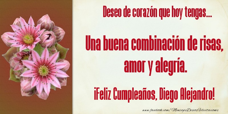 Felicitaciones de cumpleaños - Flores | Deseo de corazón que hoy tengas... Una buena combinación de risas, amor y alegría. ¡Feliz Cumpleaños, Diego Alejandro