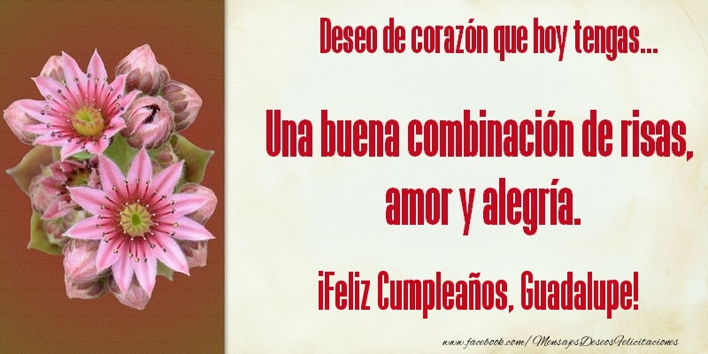 Felicitaciones de cumpleaños - Deseo de corazón que hoy tengas... Una buena combinación de risas, amor y alegría. ¡Feliz Cumpleaños, Guadalupe