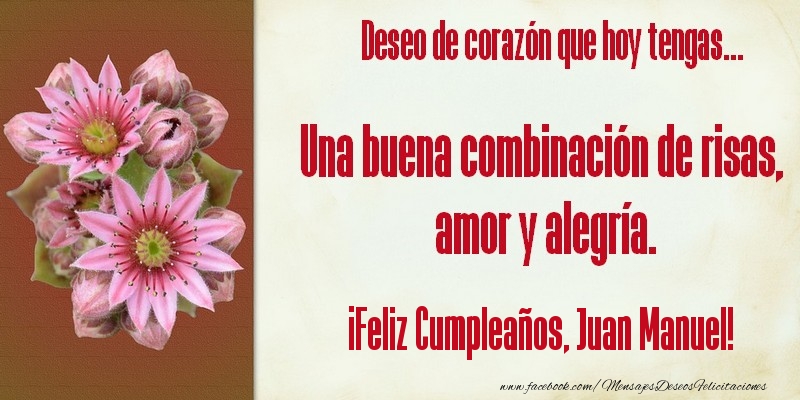 Felicitaciones de cumpleaños - Flores | Deseo de corazón que hoy tengas... Una buena combinación de risas, amor y alegría. ¡Feliz Cumpleaños, Juan Manuel