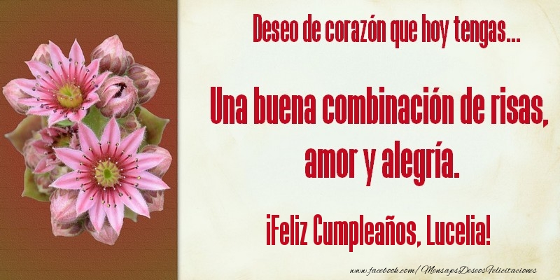 Felicitaciones de cumpleaños - Flores | Deseo de corazón que hoy tengas... Una buena combinación de risas, amor y alegría. ¡Feliz Cumpleaños, Lucelia