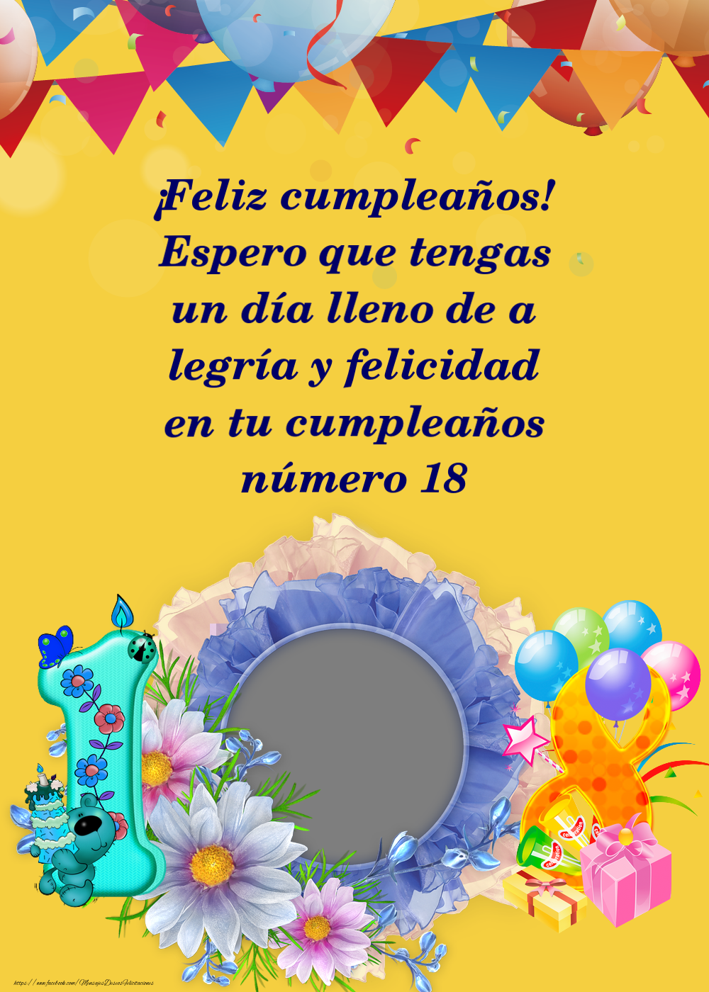 Felicitaciones Personalizadas de cumpleaños para 18 años - Celebremos - Marco de fotos con flores y los números uno y ocho
