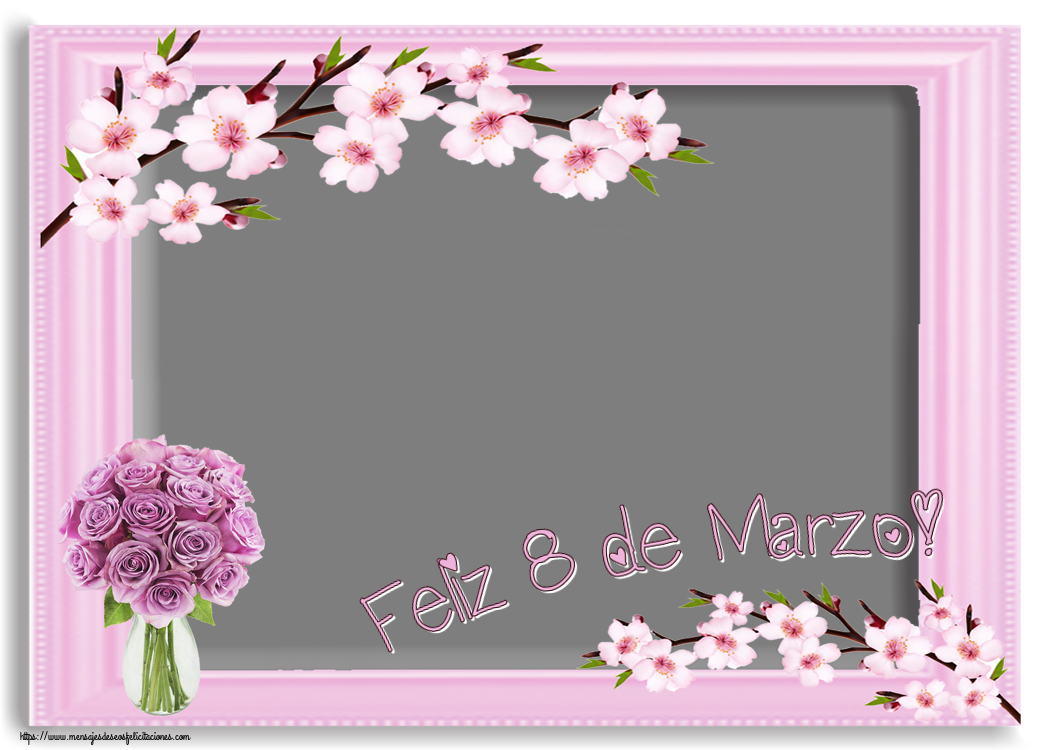 Felicitaciones Personalizadas para el día de la mujer - ¡Feliz 8 de Marzo! - Marco de foto ~ rosas moradas en macetas